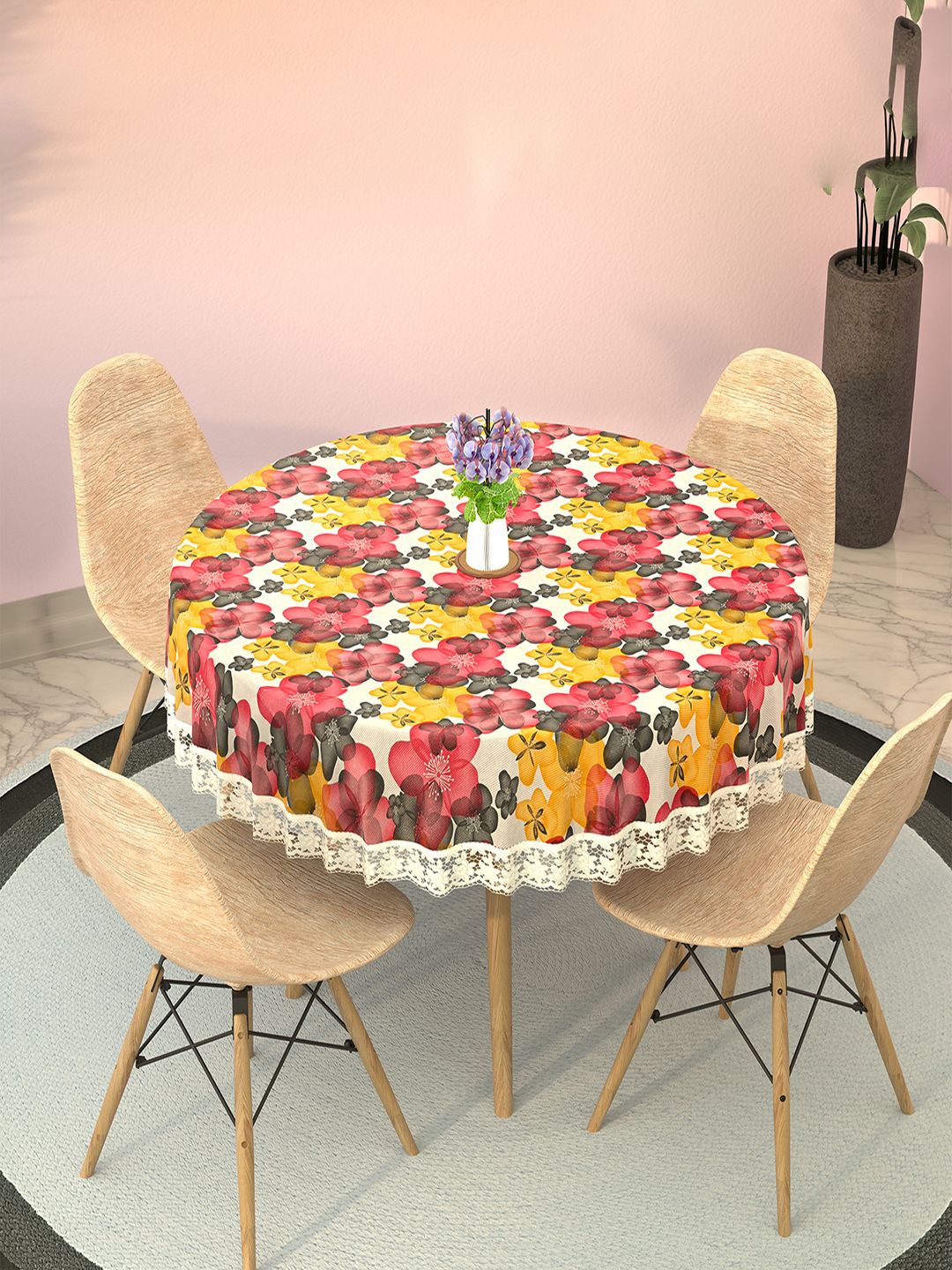 

Kuber Industries White & Pink Floral Waterproof Round 4-Seater Table Cover