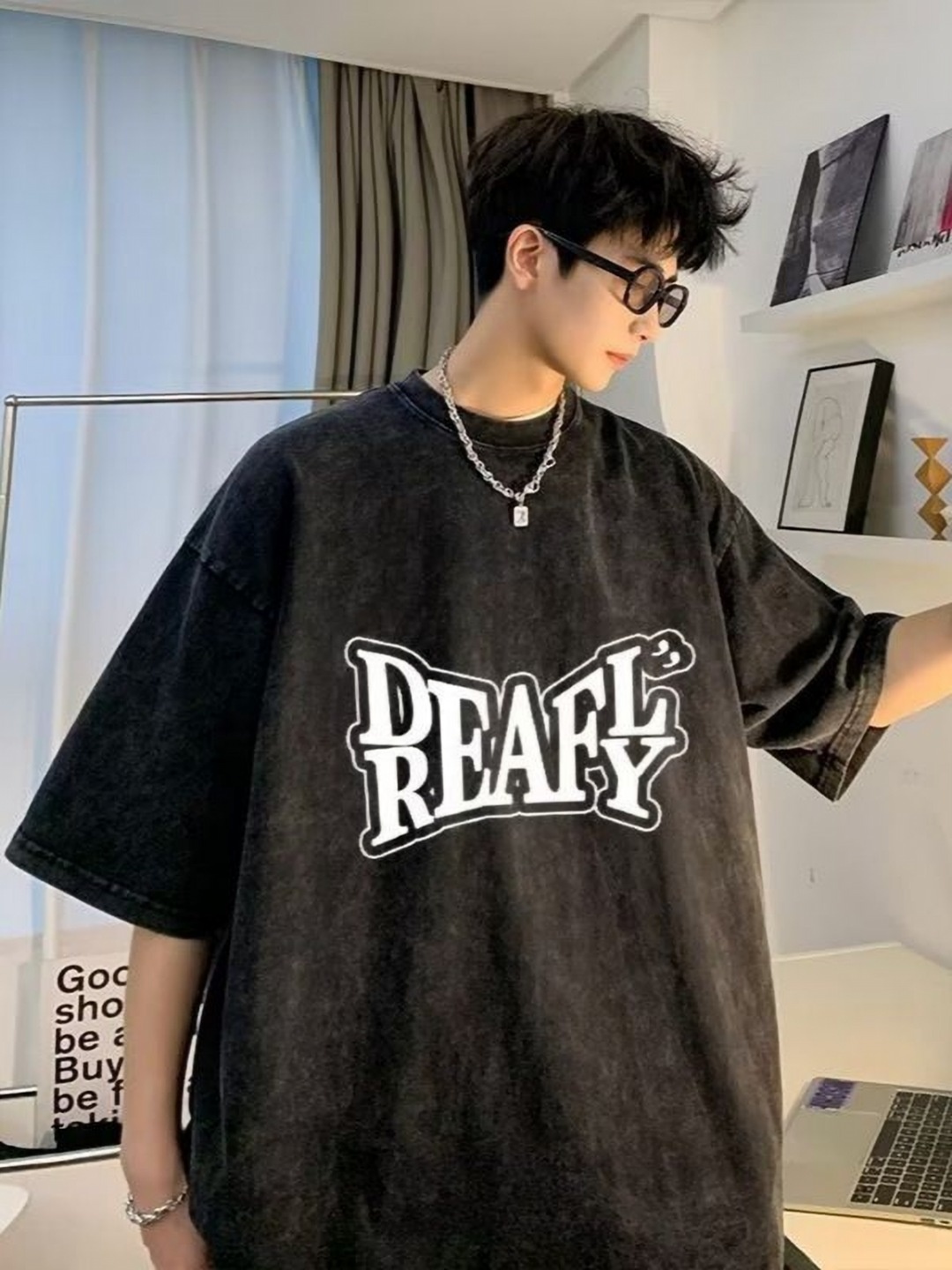 

StyleCast Men Typography Printed Round Neck Pure Cotton Oversized T-shirt, Black