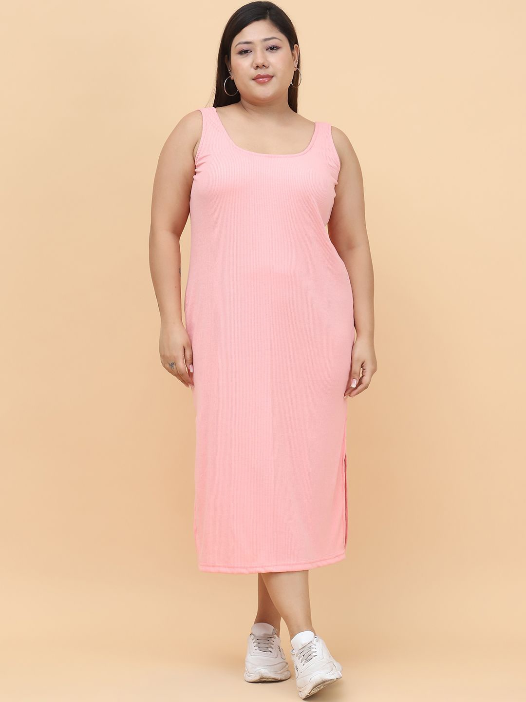 

theRebelinme Plus Size A-Line Midi Knitted Cotton Dress, Pink