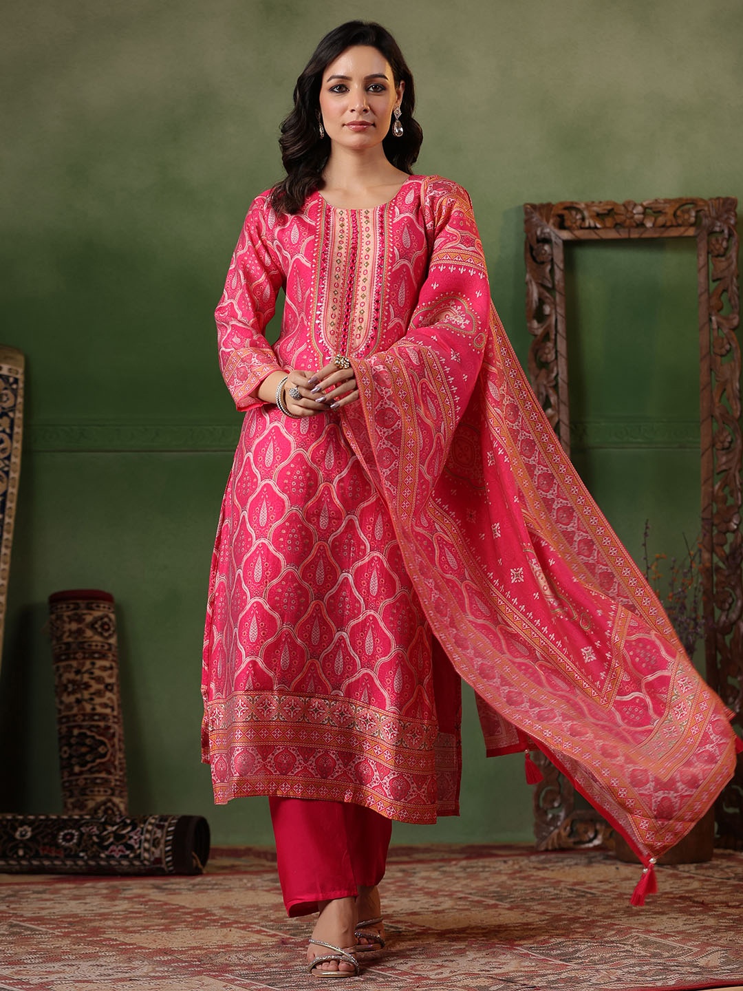 

Meena Bazaar Floral Printed Straight Kurta with Trousers & Dupatta, Pink