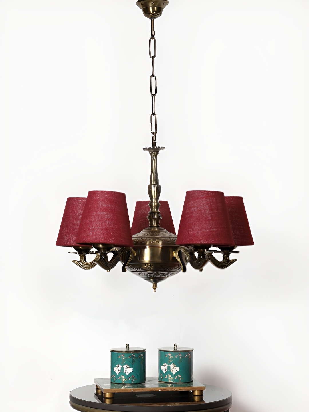 

Devansh Maroon Jute conical shade with Antique Golden Chandelier Metal Ceiling Lamp