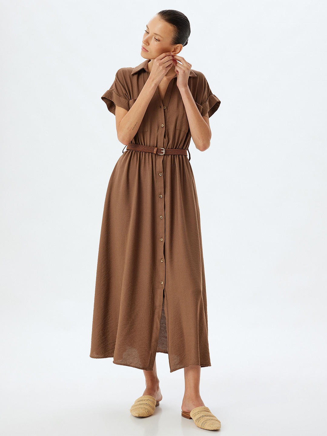 

Koton Solid Shirt Collar Cap Sleeves Shirt Maxi Dress Comes with a belt, Coffee brown