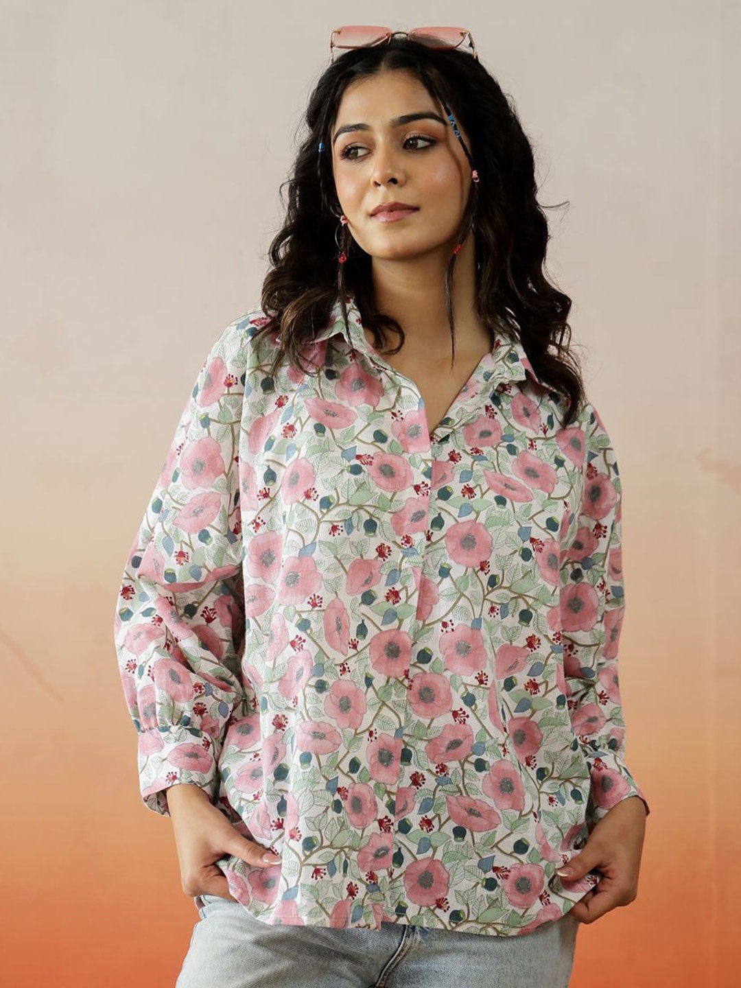 

SANSKRUTIHOMES Floral Printed Cotton Top, Pink