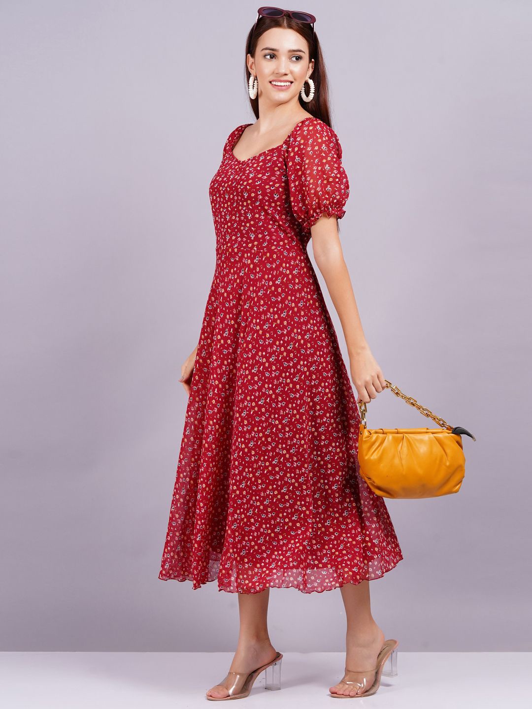 

JC4U Floral Printed Puff Sleeves Fit & Flare Midi Dress, Red