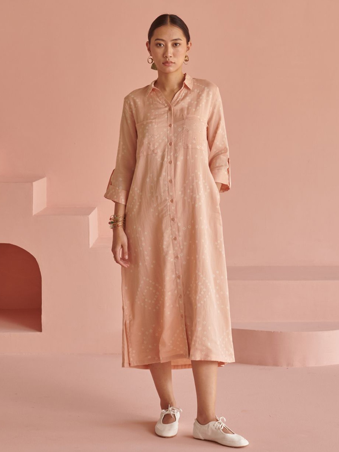 

Prakriti Jaipur Shirt Collar Cotton Shirt Midi Dress, Peach