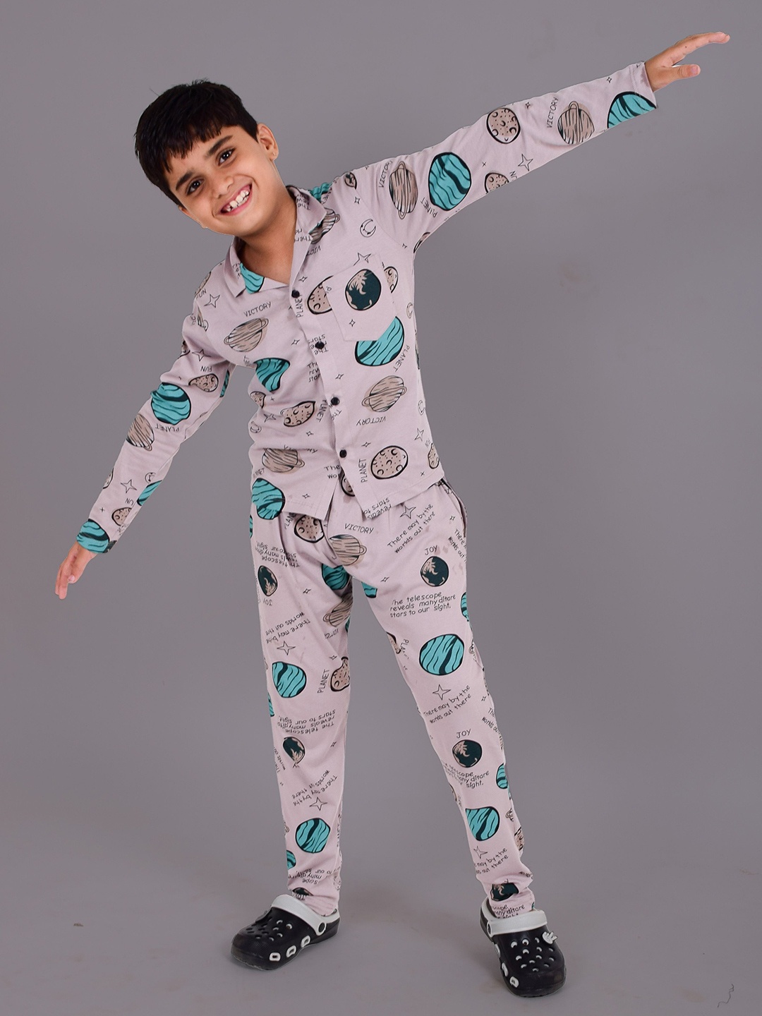 

ROW STARS Boys Printed Shirt Collar Long Sleeves Shirt & Trouser, Lavender