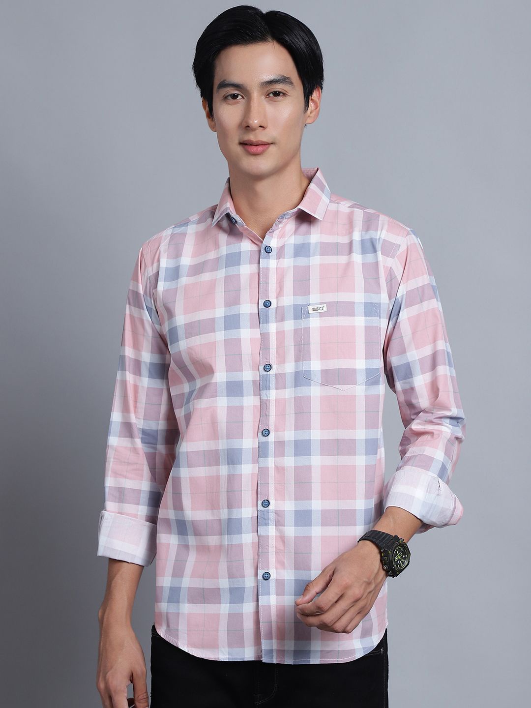 

Majestic Man Men Comfort Spread Collar Checked Cotton Slim Fit Casual Shirt, Pink