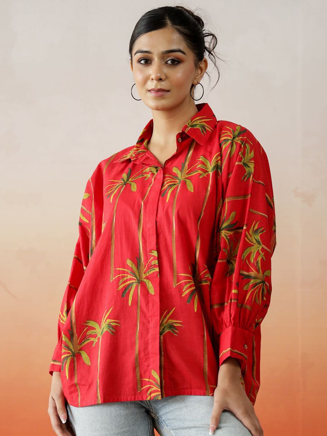 

SANSKRUTIHOMES Women Tropical Printed Pure Cotton Top, Red