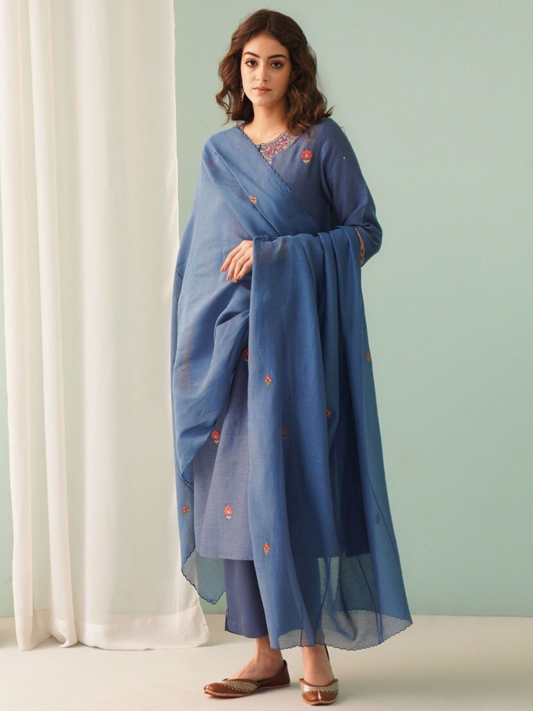 

JAYPORE Cotton Silk Dupatta, Navy blue