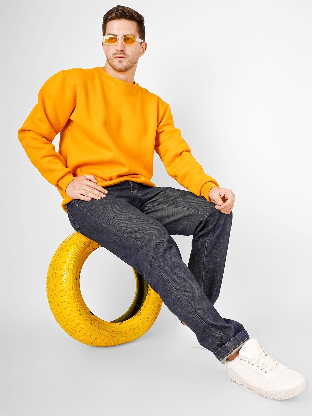 

MIMID Men Solid Round Neck Cotton Pullover Ribbed Sweatshirt, Mustard