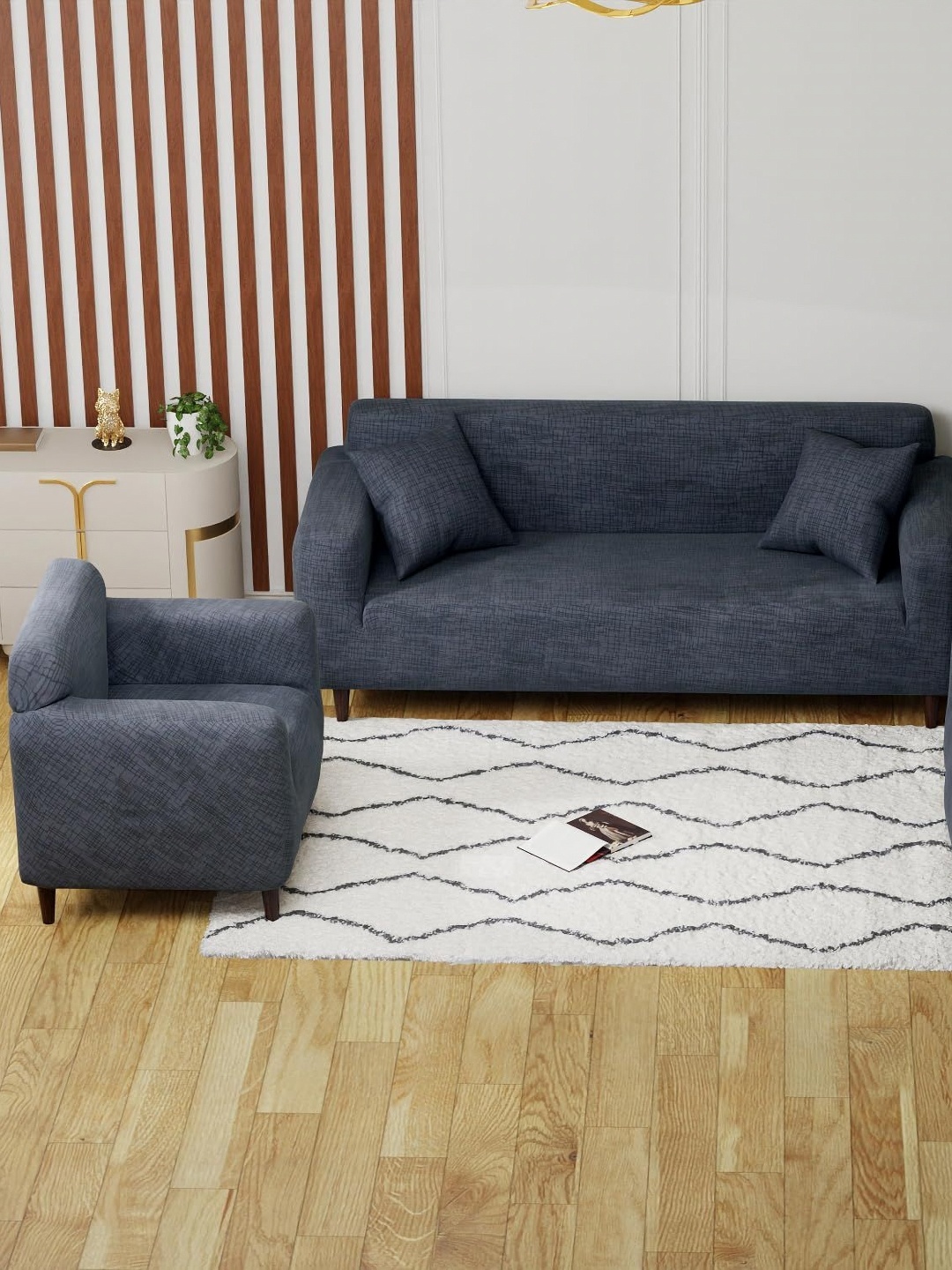 

Lukzer Dark Blue Lining Design 5 Seater Sofa Cover