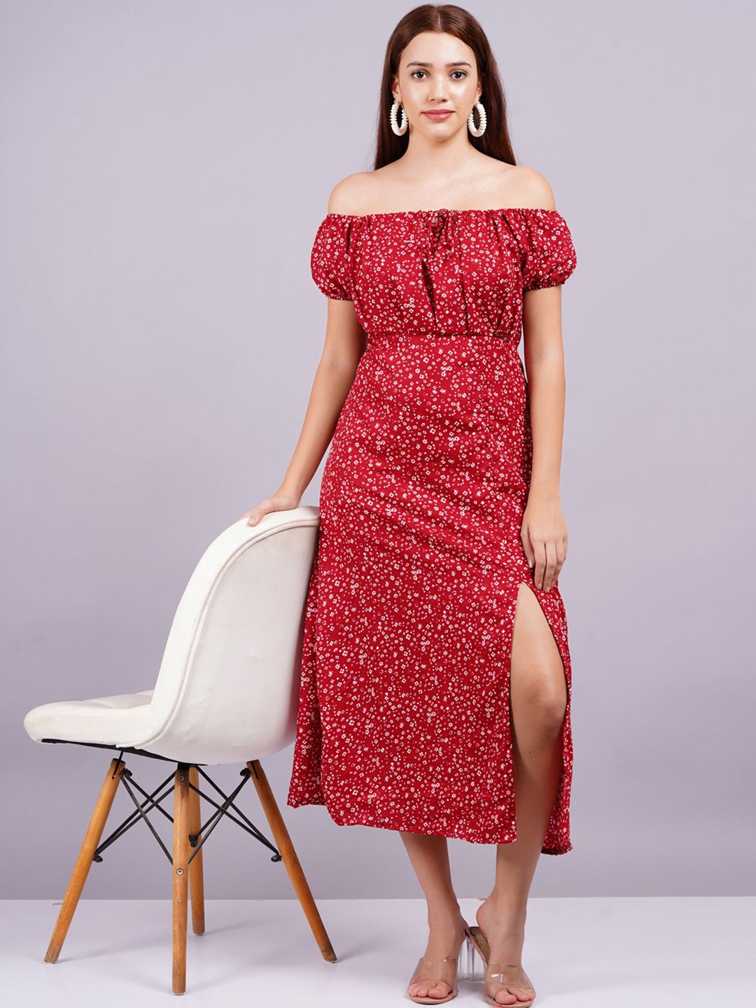 

JC4U Women Floral Print Off-Shoulder Crepe Empire Midi Dress, Red