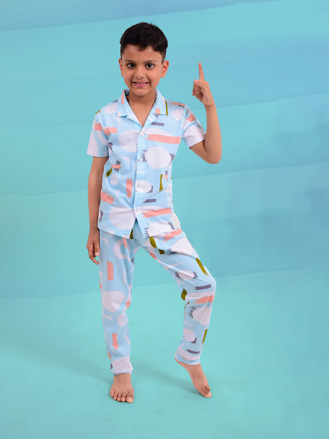 

ROW STARS Boys Abstract Printed Shirt & Pyjamas Night Suit, Blue