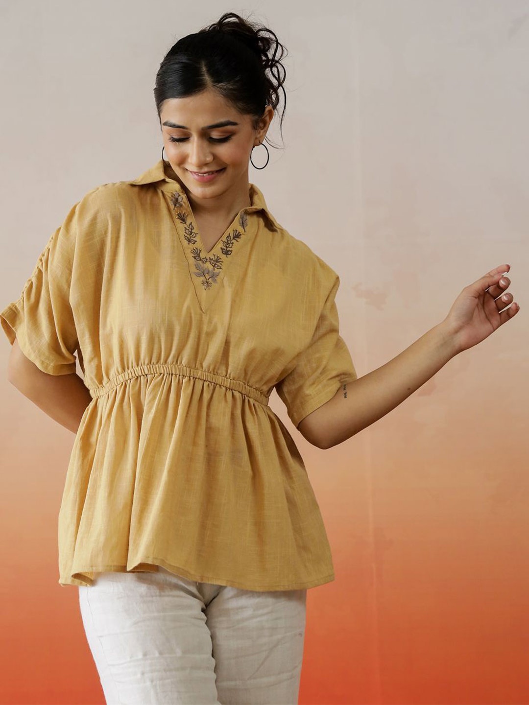 

SANSKRUTIHOMES Floral Cotton Top, Mustard