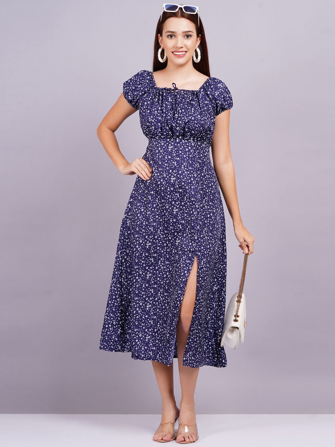 

JC4U Women Floral Print Off-Shoulder Fit & Flare Midi Dress, Blue