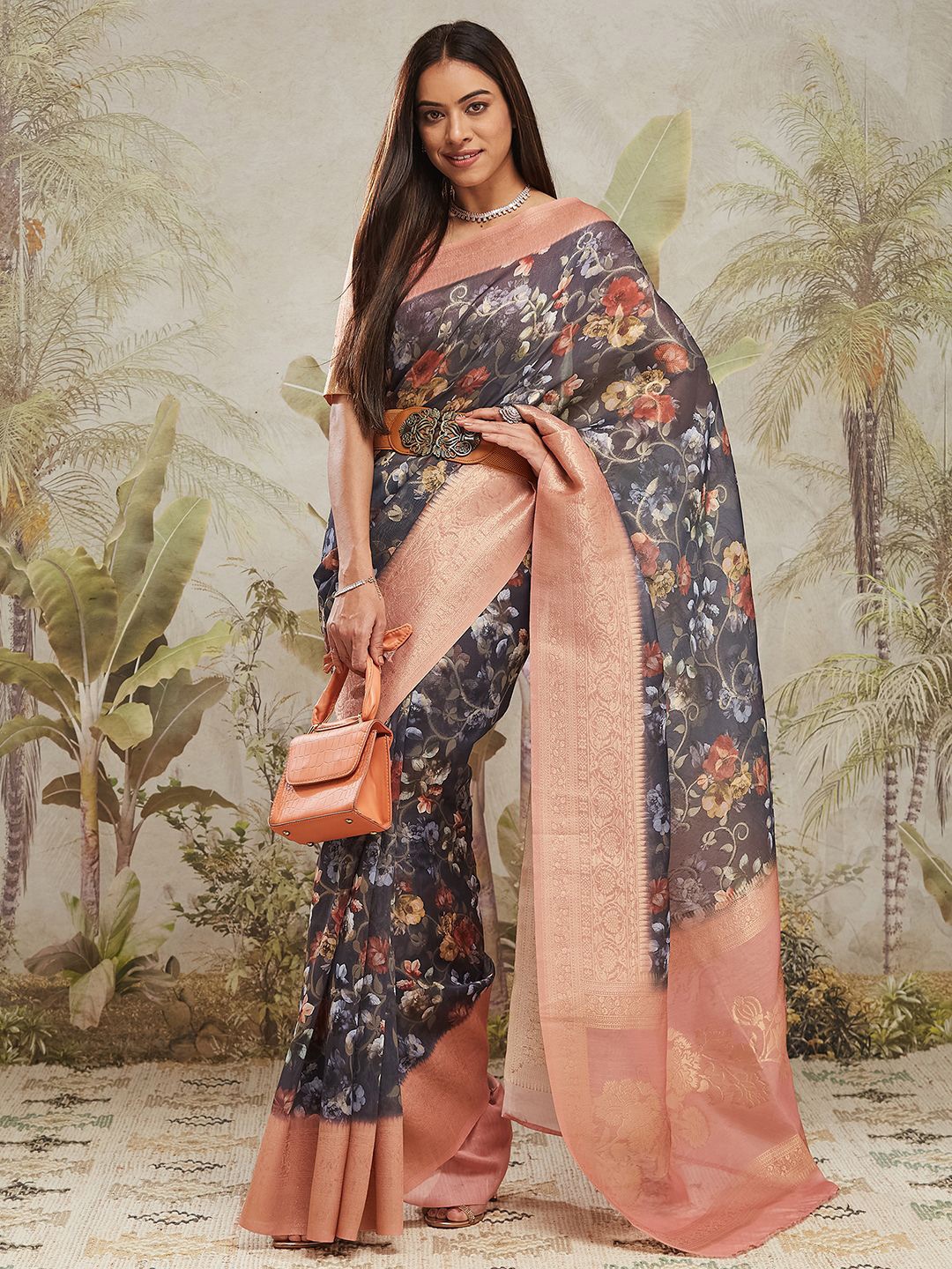 

RACHNA Floral Printed Zari Heavy Work Banarasi Saree, Navy blue