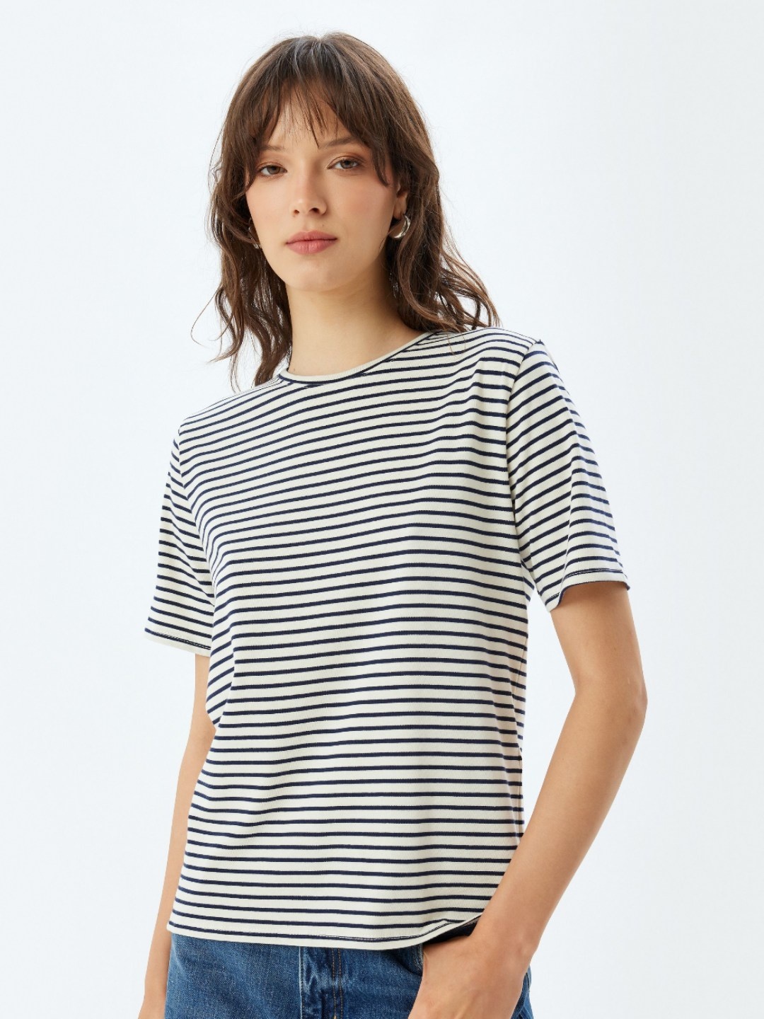 

Koton Women Striped Round Neck Cotton T-shirt, White