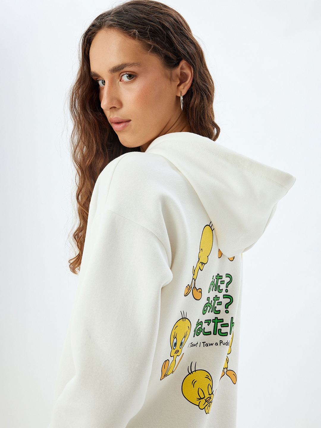 

Koton Women Graphic Printed Hood Cotton Pullover Ribbed Sweatshirt, White