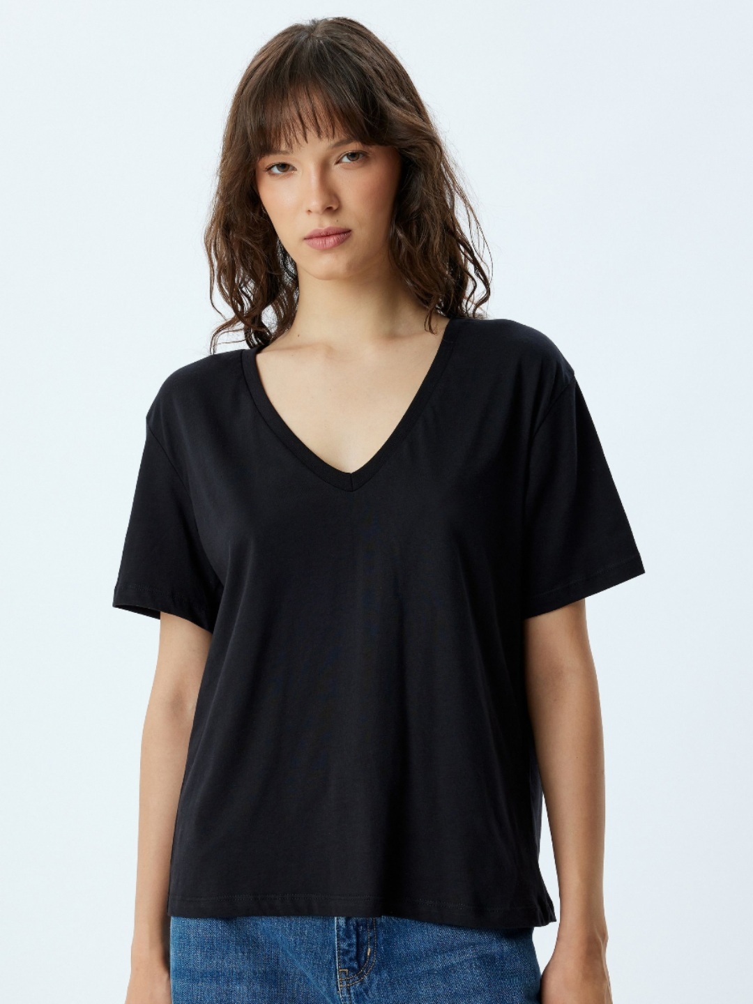 

Koton Women Solid V-Neck Cotton Relaxed Fit T-shirt, Black