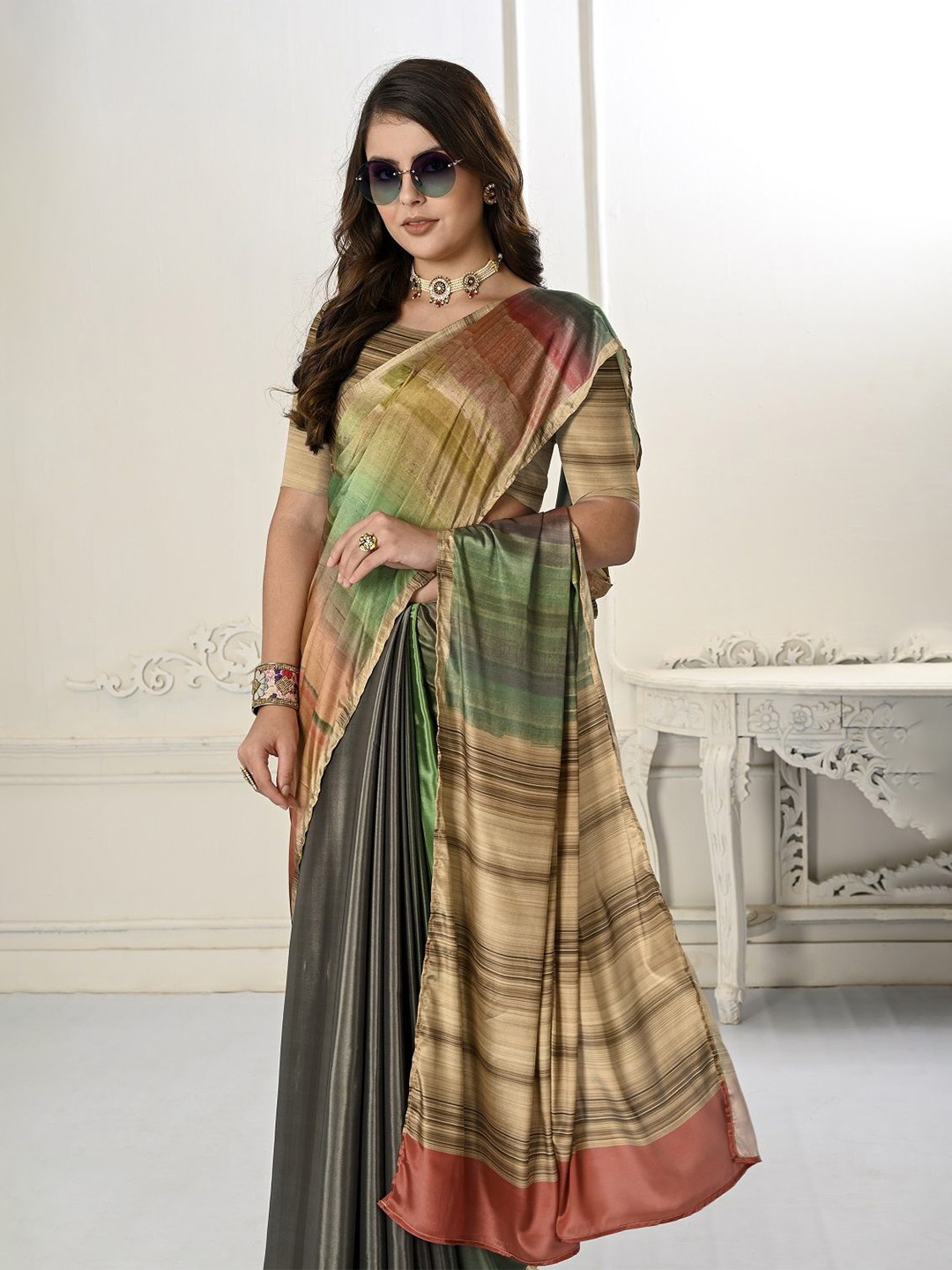 

JIVORA Striped Mysore Silk Saree, Green