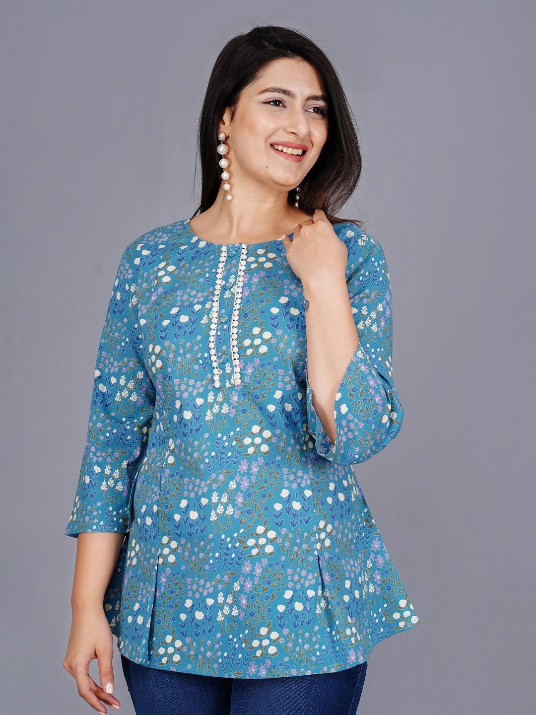 

BAESD Women Floral Print Flared Styled Back Top, Blue