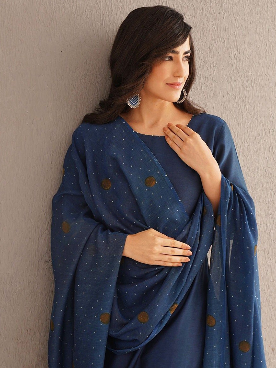 

JAYPORE Polka Dots Printed Cotton Silk Dupatta, Blue