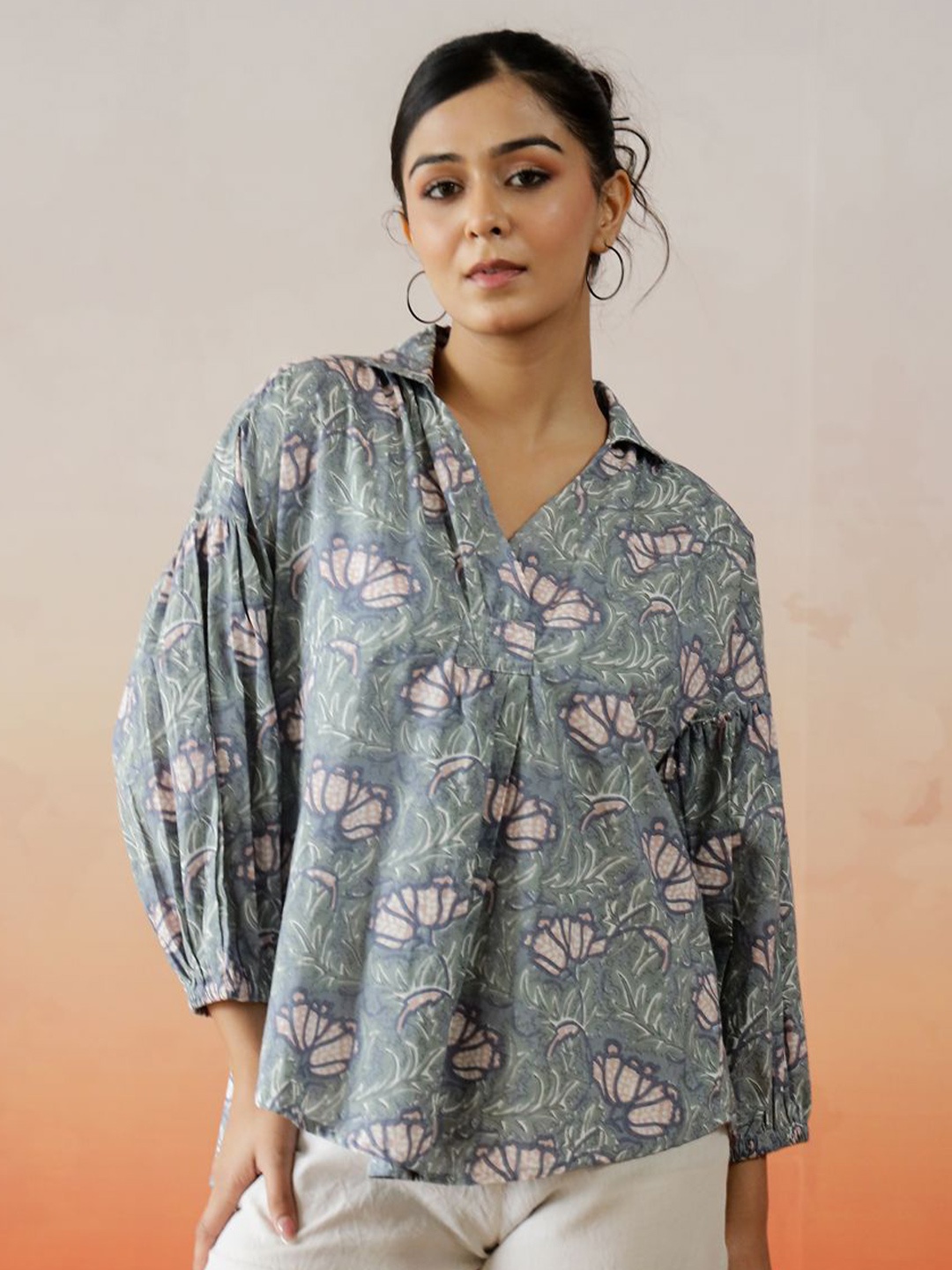 

SANSKRUTIHOMES Floral Print Puff Sleeve Cotton Top, Blue