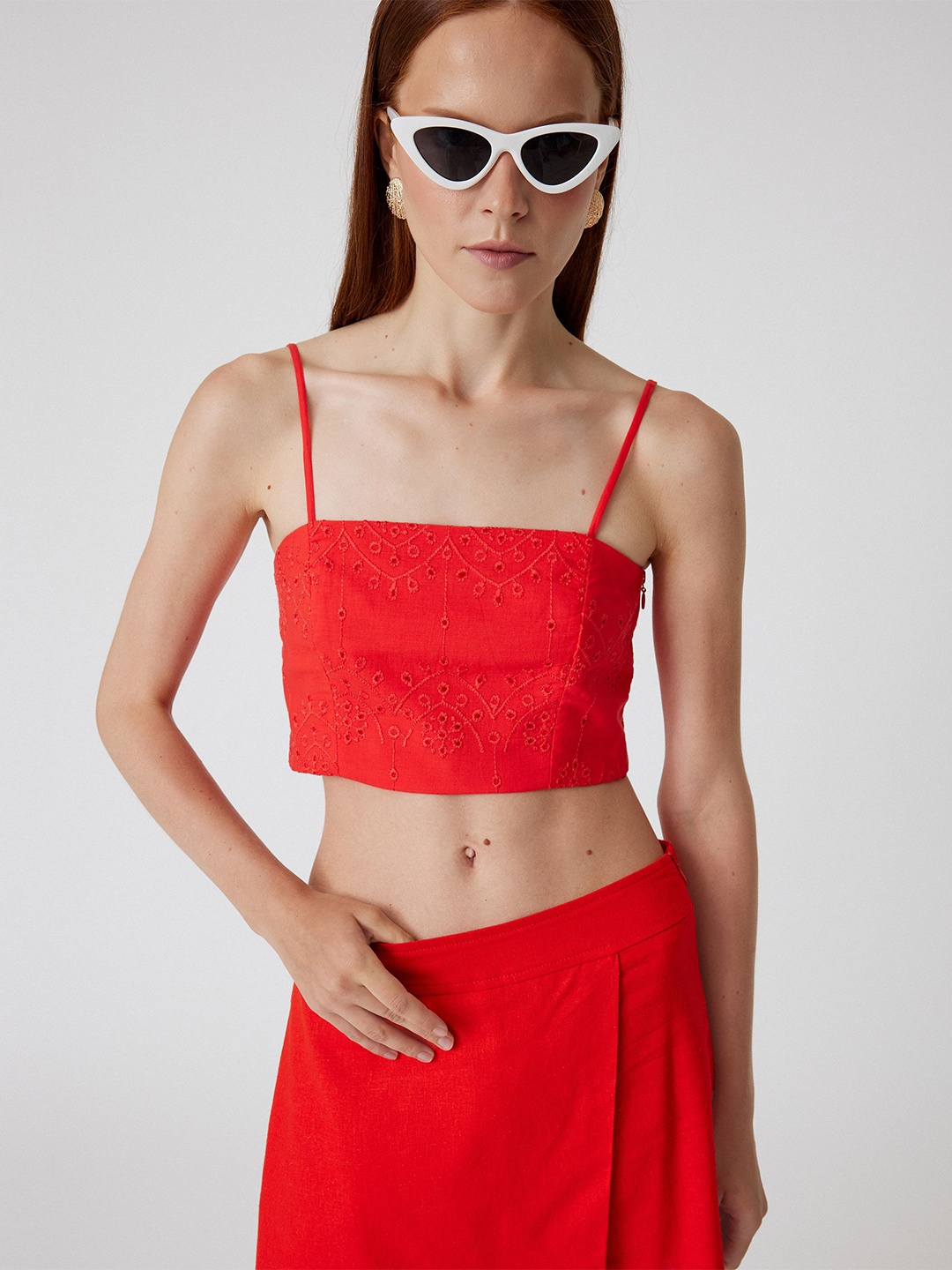 

Koton Women Self Design Shoulder Straps Cotton Top, Red