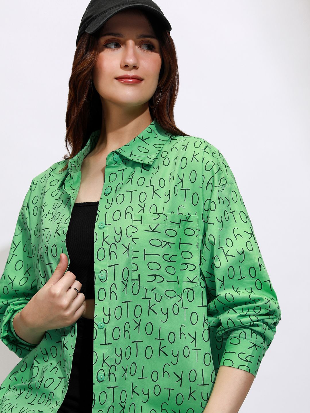 

Tokyo Talkies Women Printed Button Down Full Slleve Shirt, Green