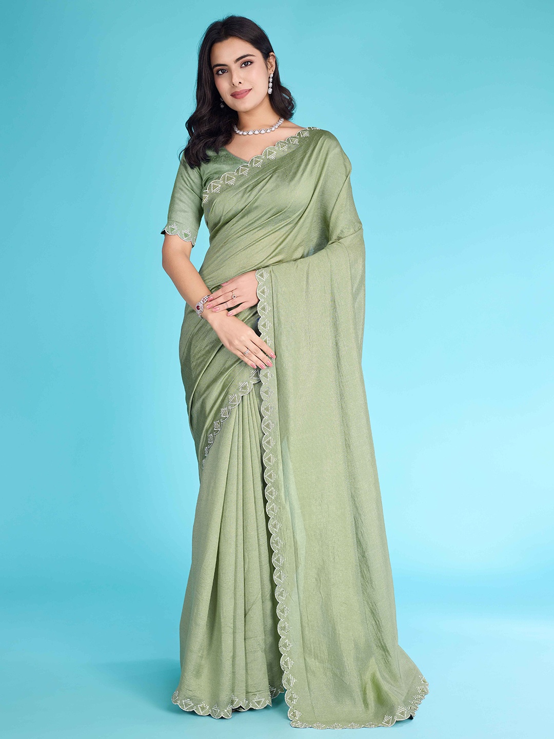 

KIMISHA Beads and Stones Embellished Solid Saree With Blouse Piece, Green