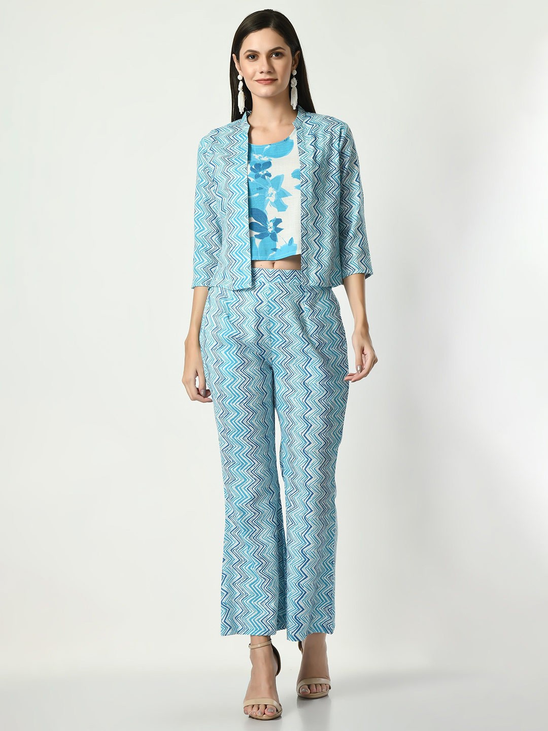 

VAPPSYAM Printed Top With Trouser & Jacket Co-Ords, Blue