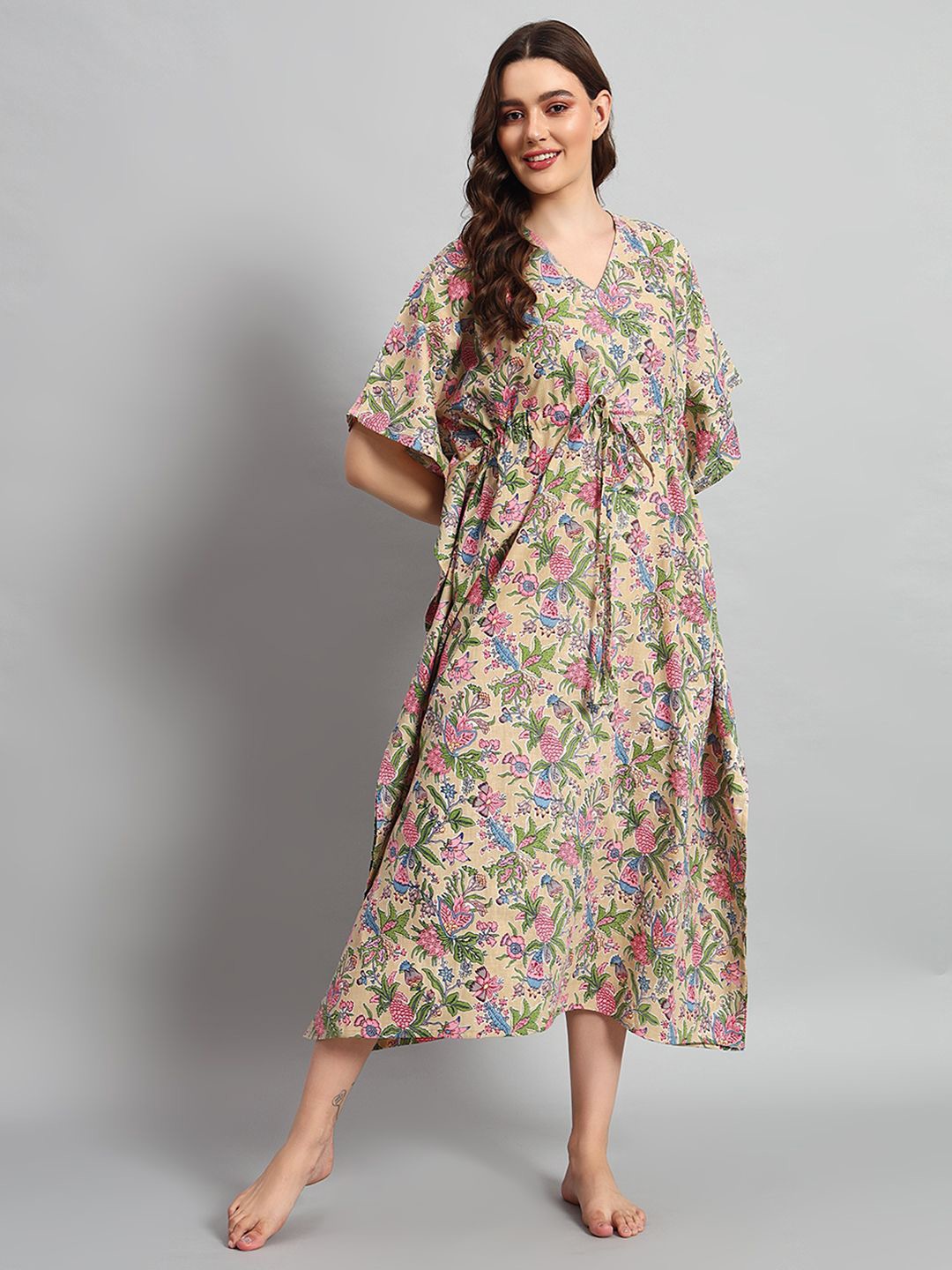 

HANDICRAFT PALACE Women Floral Printed Pure Cotton Maxi Nightdress, Beige