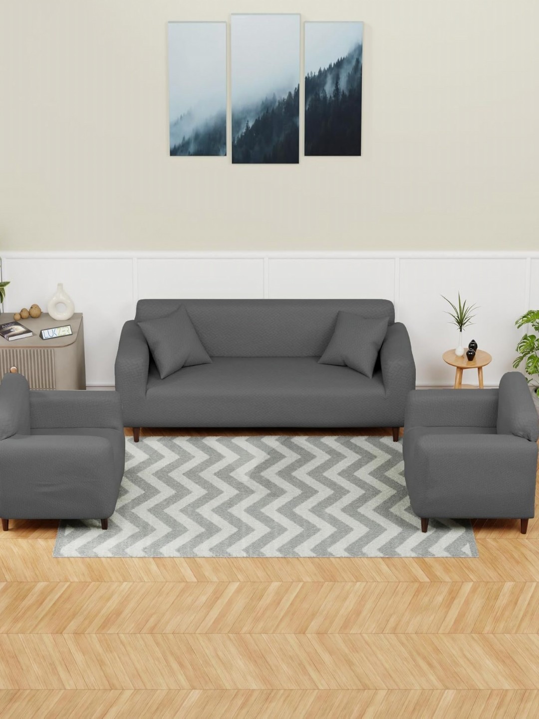 

Lukzer Grey Printed Jacquard 5 Piece Sofa Cover With Cushion Covers