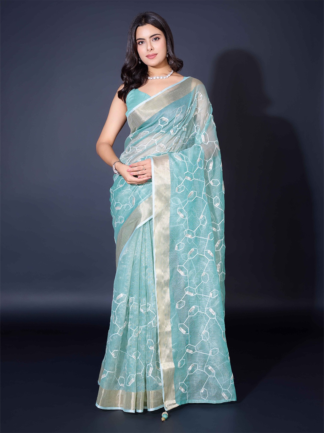 

KIMISHA Abstract Embroidered Designer Saree, Blue