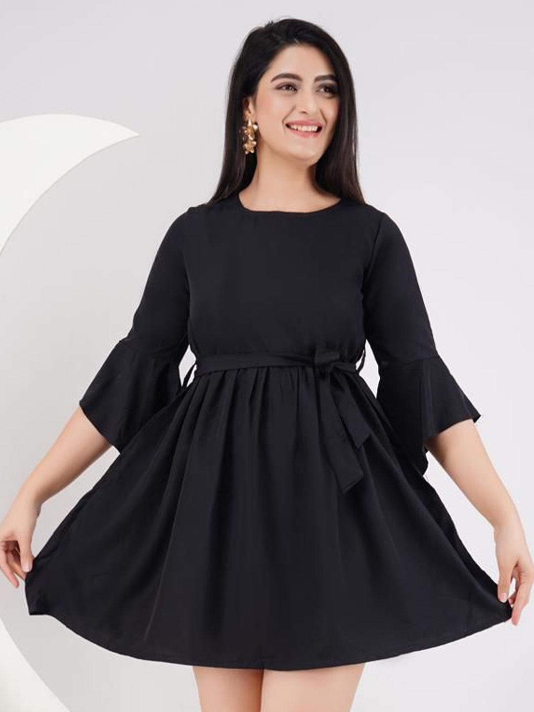 

P3D CREATION Bell Sleeve Crepe Fit & Flare Dress, Black