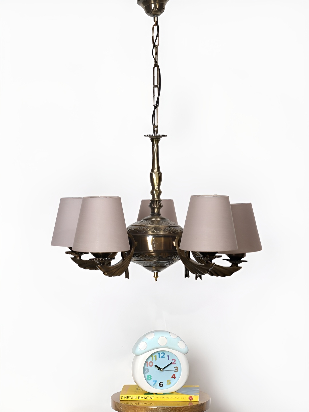 

Devansh Grey Conical cotton shade with Antique Golden Chandelier Metal Ceiling Lamp