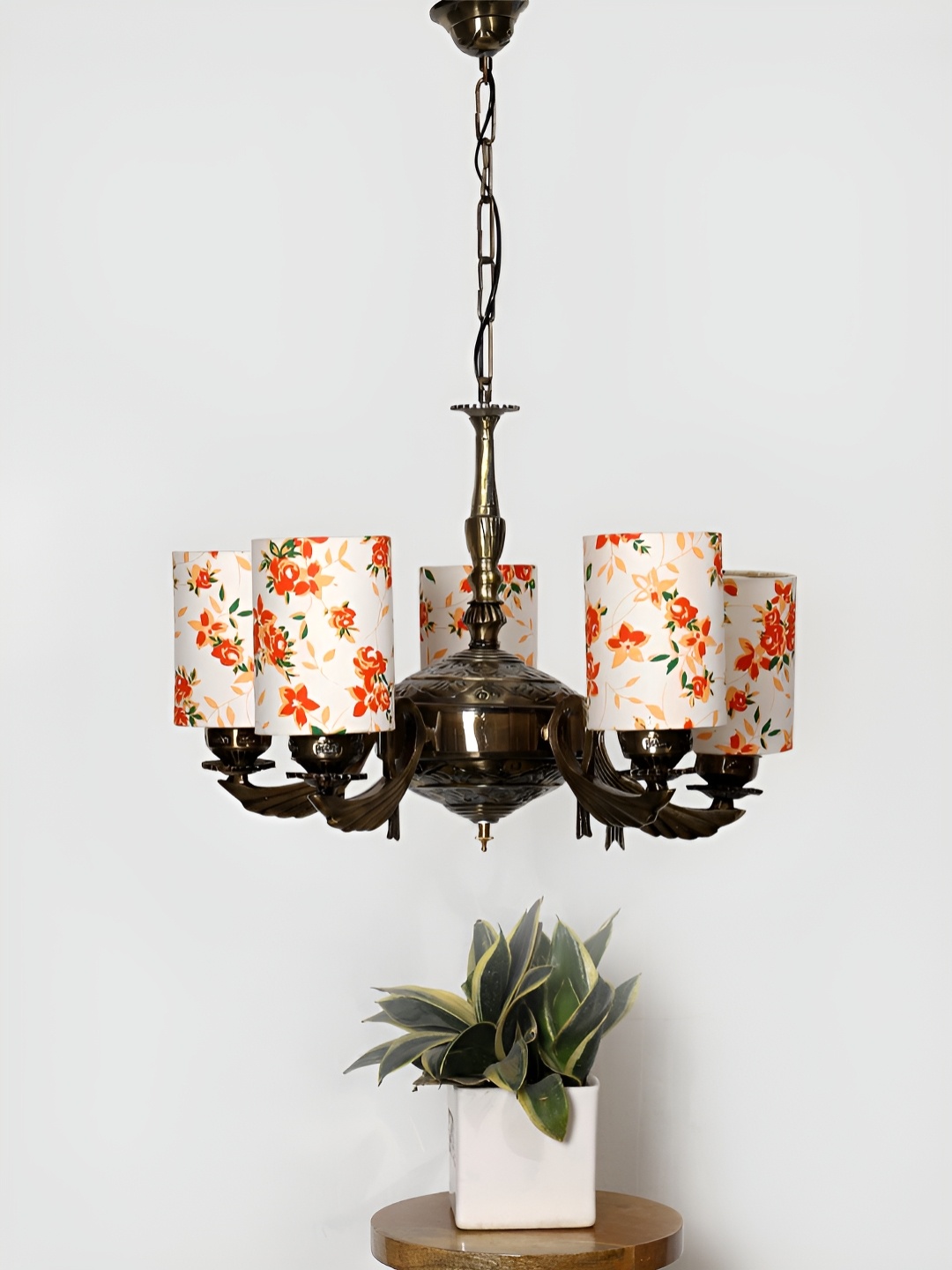 

Devansh White Printed Round cotton shade with Antique Golden Chandelier Metal Ceiling Lamp