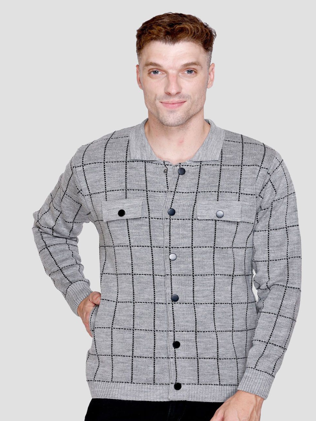 

aarbee Men Knitted Checked Cardigan, Grey melange