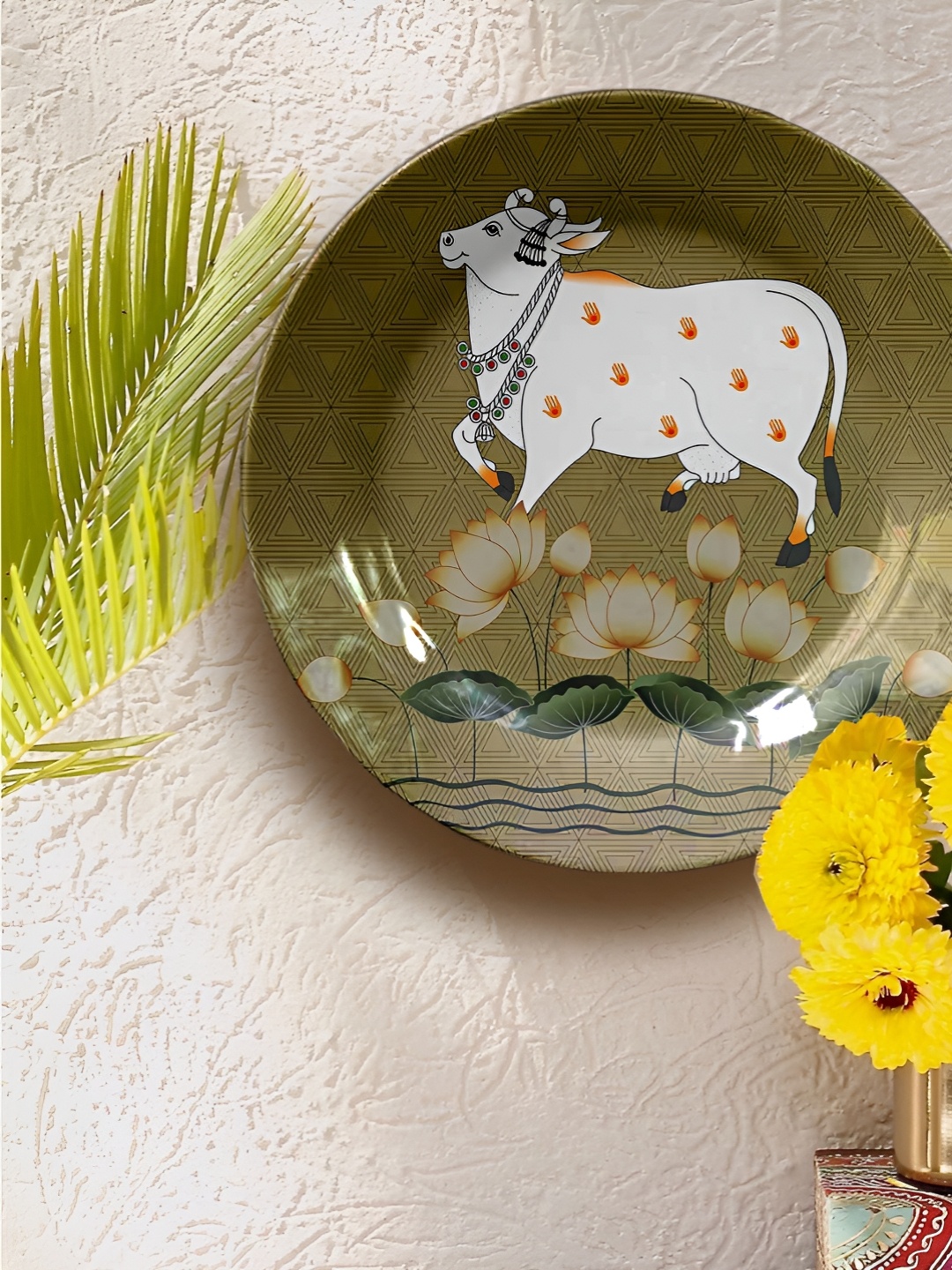 

JIKRAA Pichwai Olive Green & White Printed Ceramic Wall Plate