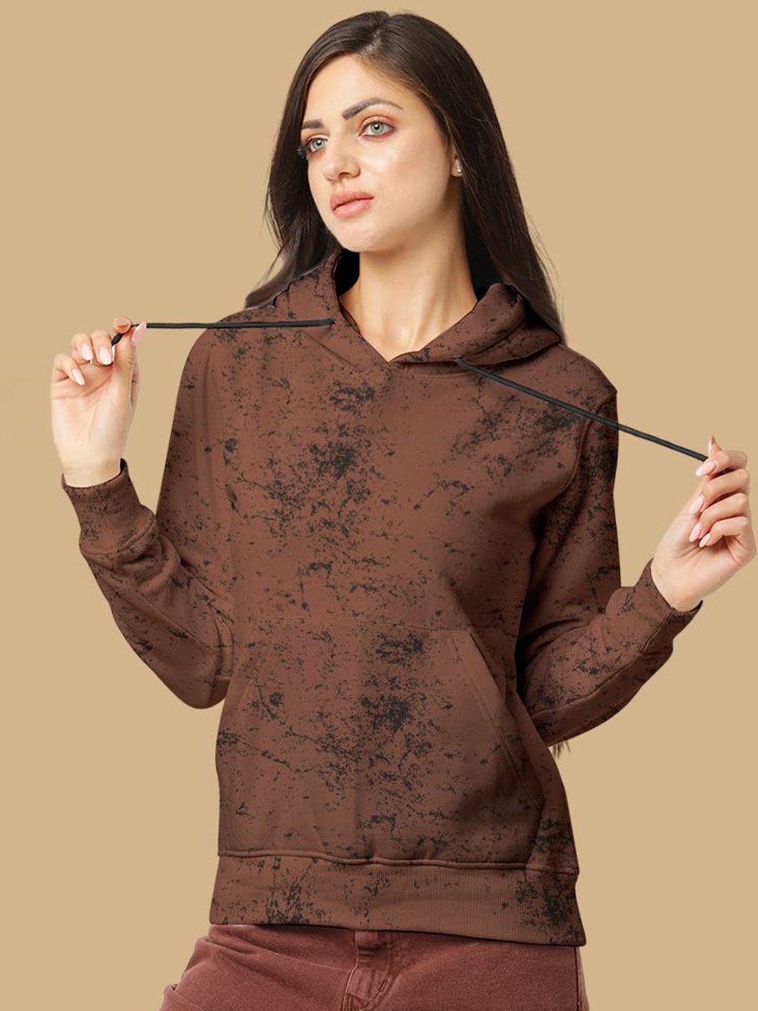 

Wear Your Opinion Women Abstract Printed Hood Fleece Pullover Ribbed Sweatshirt, Brown