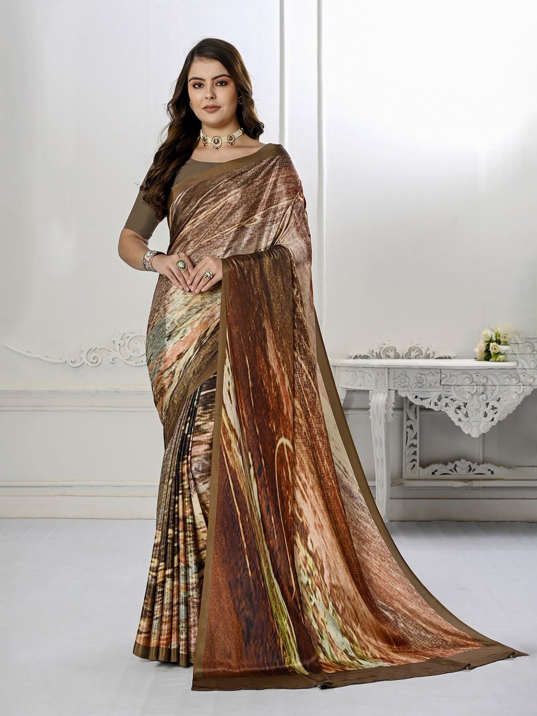 

JIVORA Abstract Printed Mysore Silk Saree, Olive