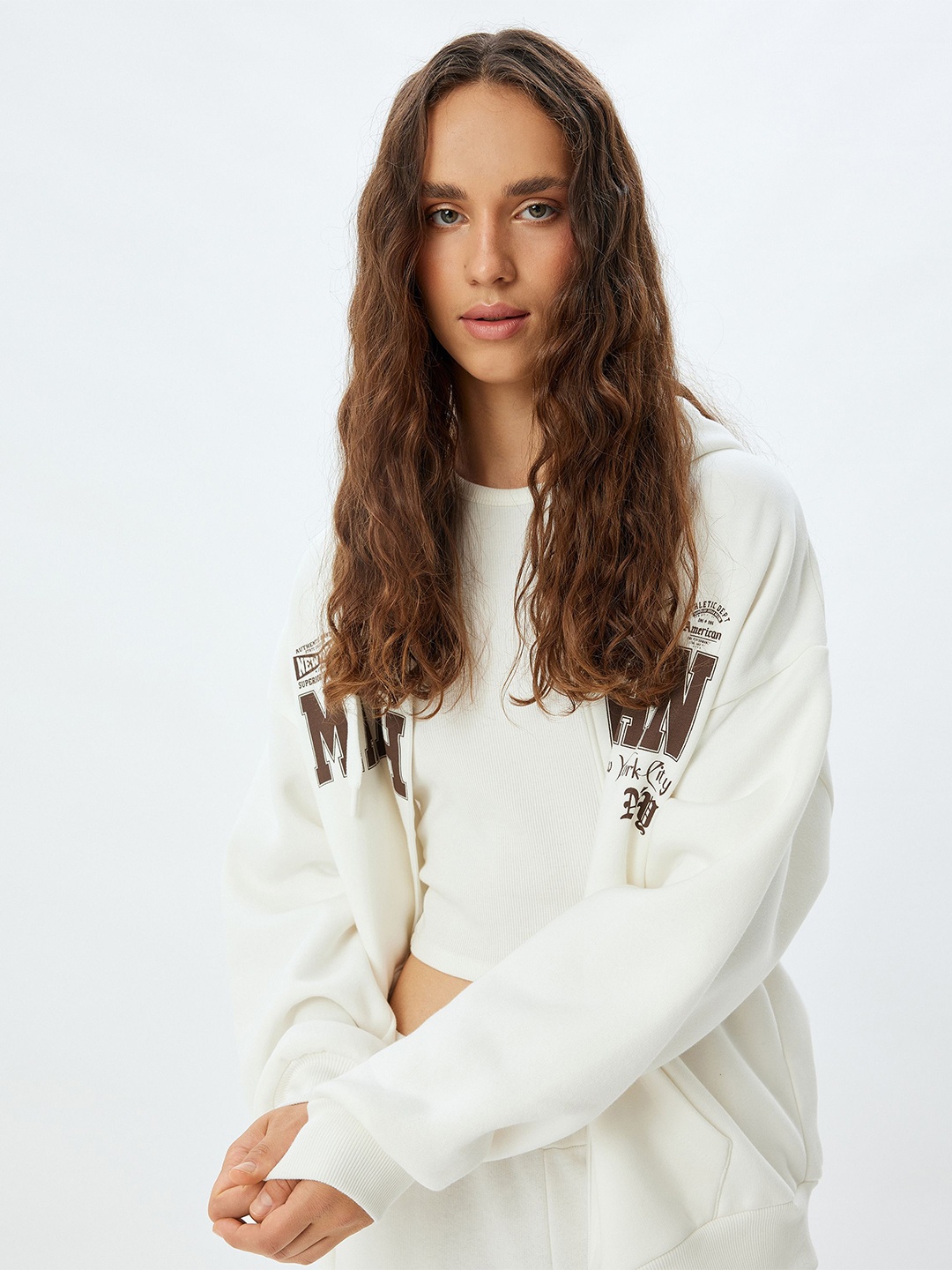 

Koton Women Typography Printed Hood Front-Open Ribbed Sweatshirt, White