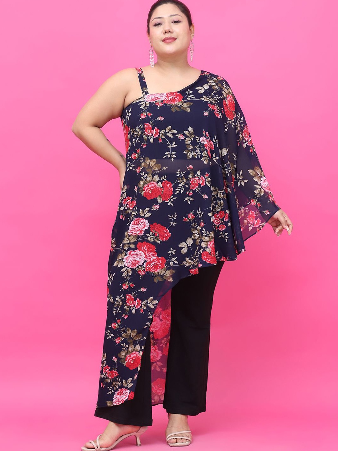 

theRebelinme Plus Size Floral Print Georgette Longline Top, Navy blue