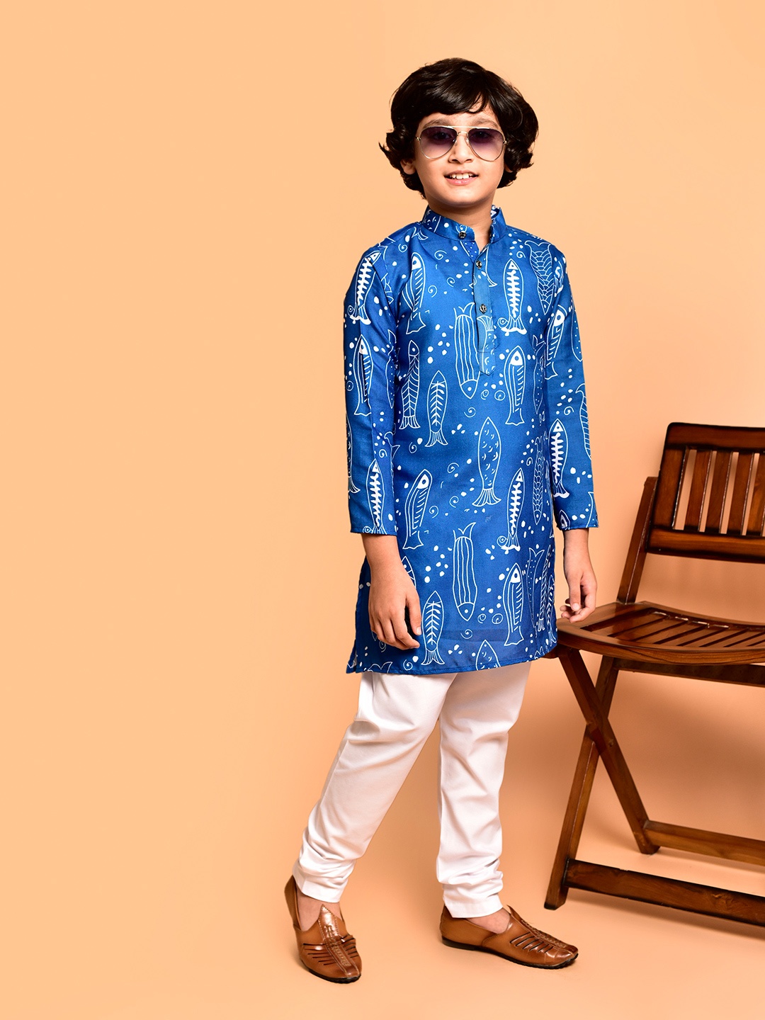 

PRINTCULTR Boys Quirky Printed Band Collar Neck Three-Quarter Sleeves Kurta & Churidar, Blue