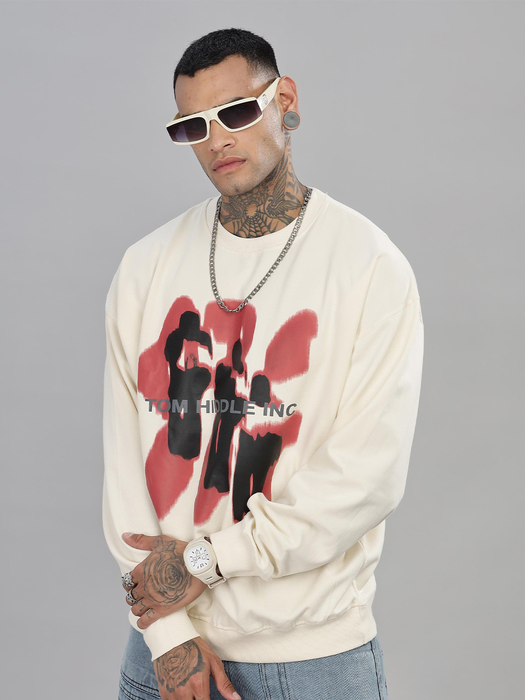 

TOMHIDDLE Men Graphic Printed Round Neck Cotton Pullover Ribbed Sweatshirt, Cream