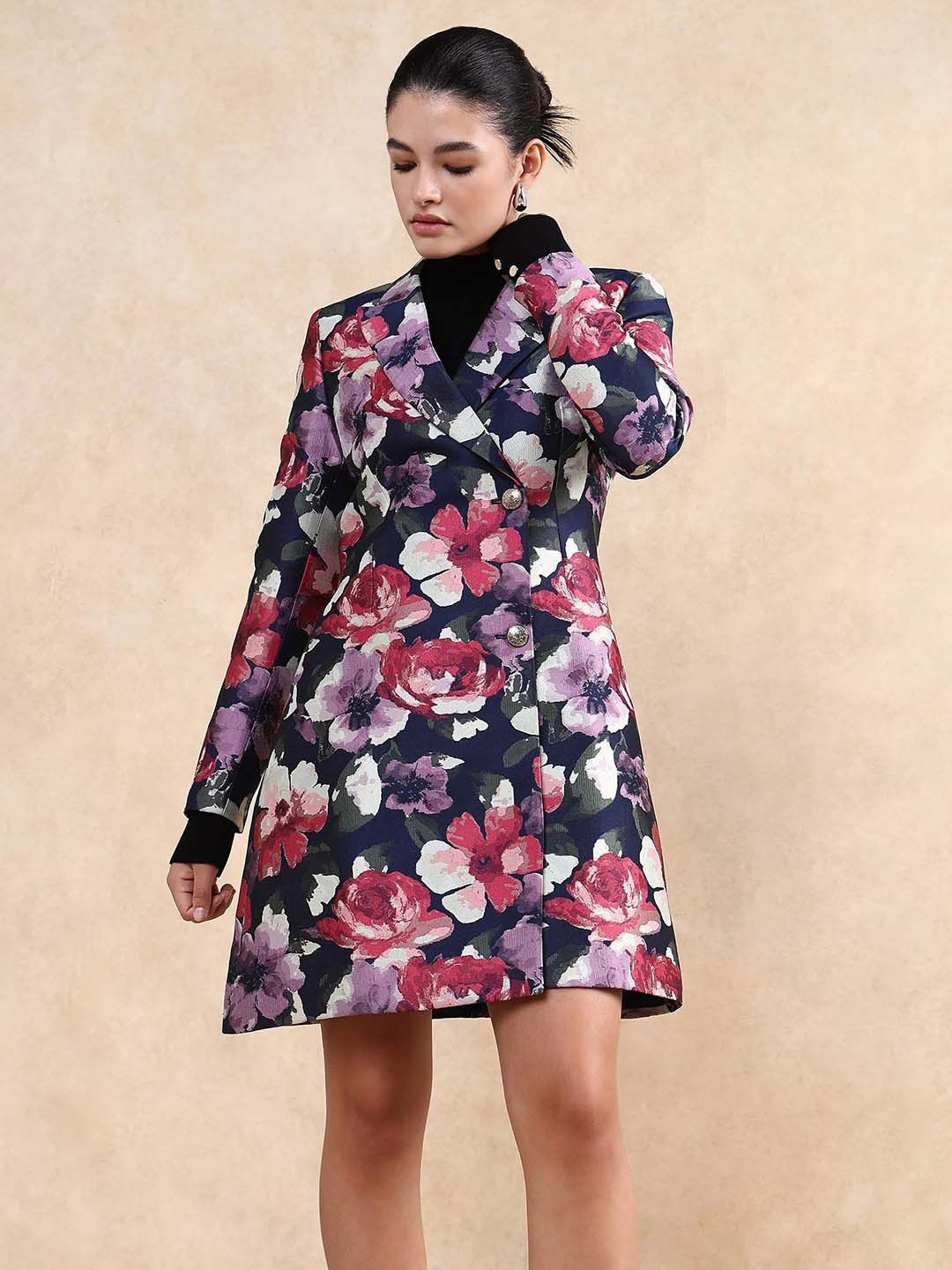 

RAREISM Women Floral Printed Blazer Dresses, Navy blue