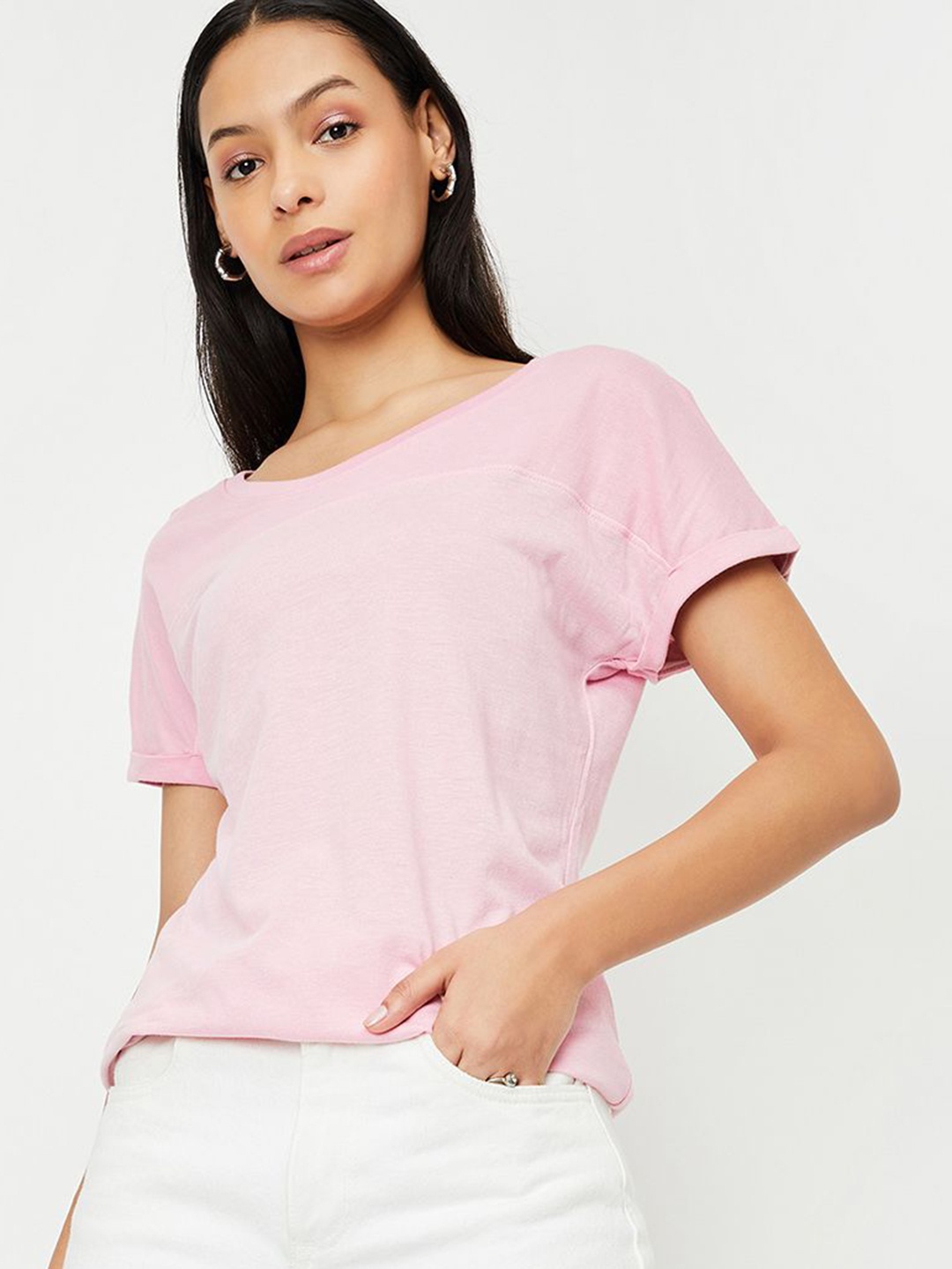 

max Women Solid Round Neck Cotton T-shirt, Pink