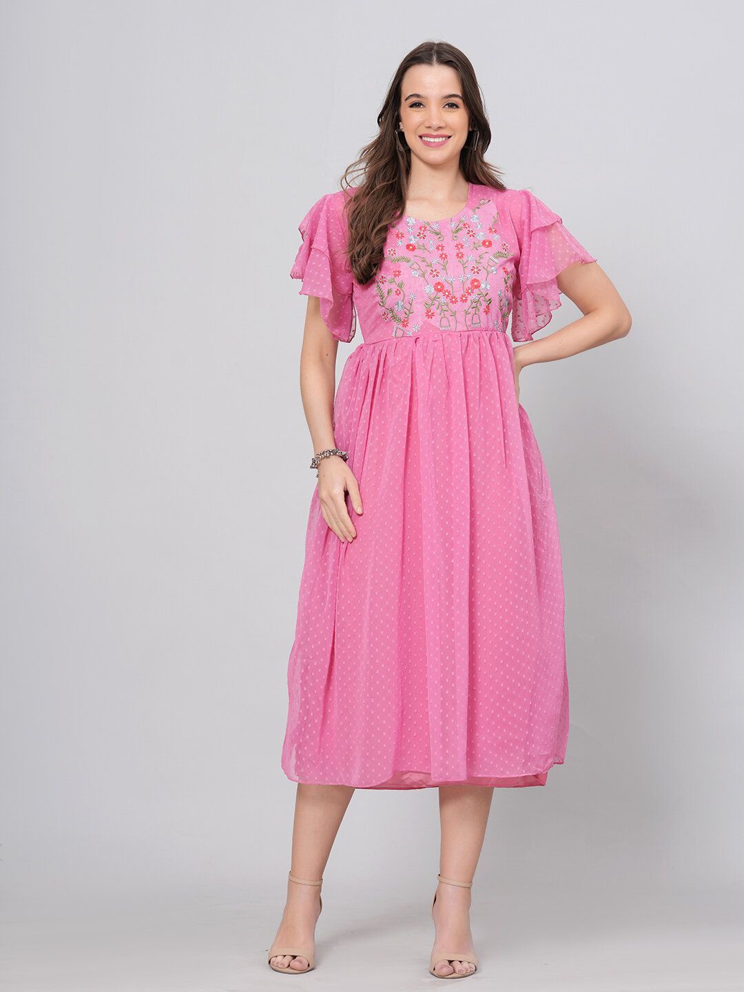 

BPT DESIGNER Women Embroidered Fit & Flare Midi Dress, Pink