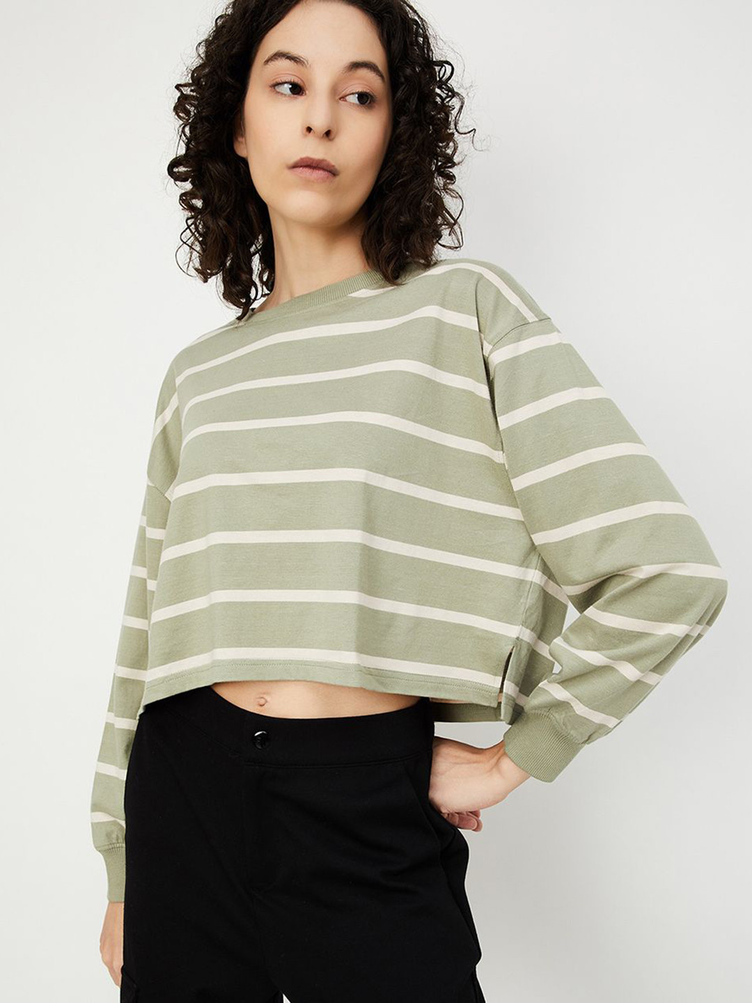 

max Women Striped Round Neck Cotton Oversized T-shirt, Green