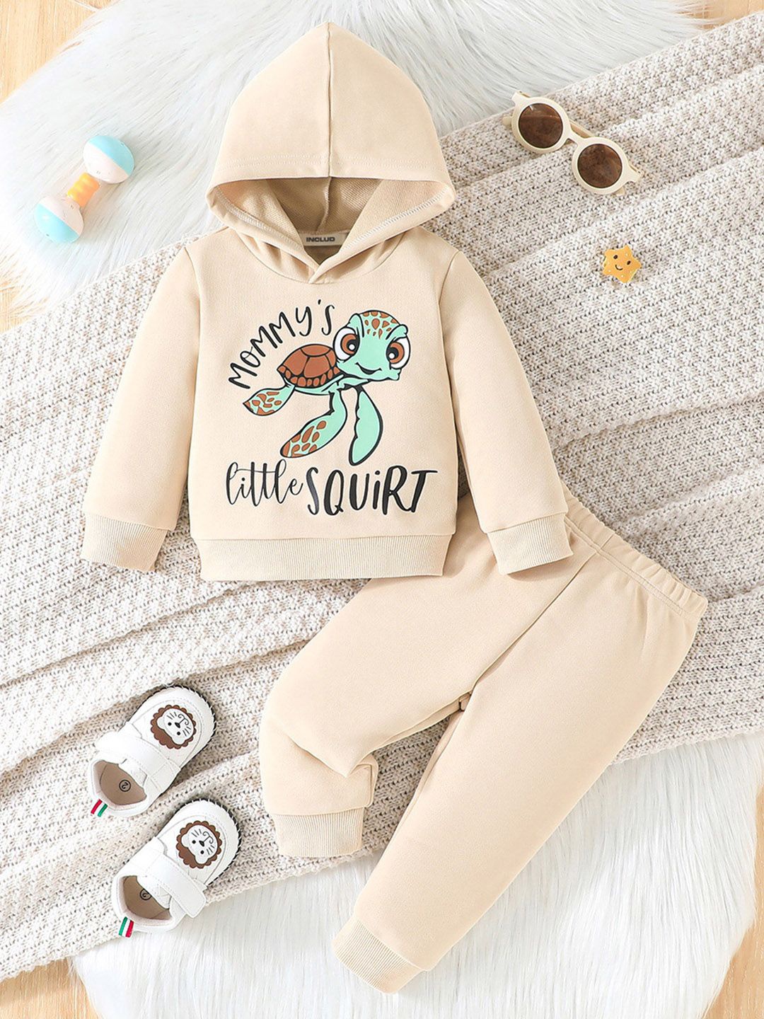 

INCLUD Boys Printed Hooded Long Sleeves Sweatshirt With Jogger, Beige